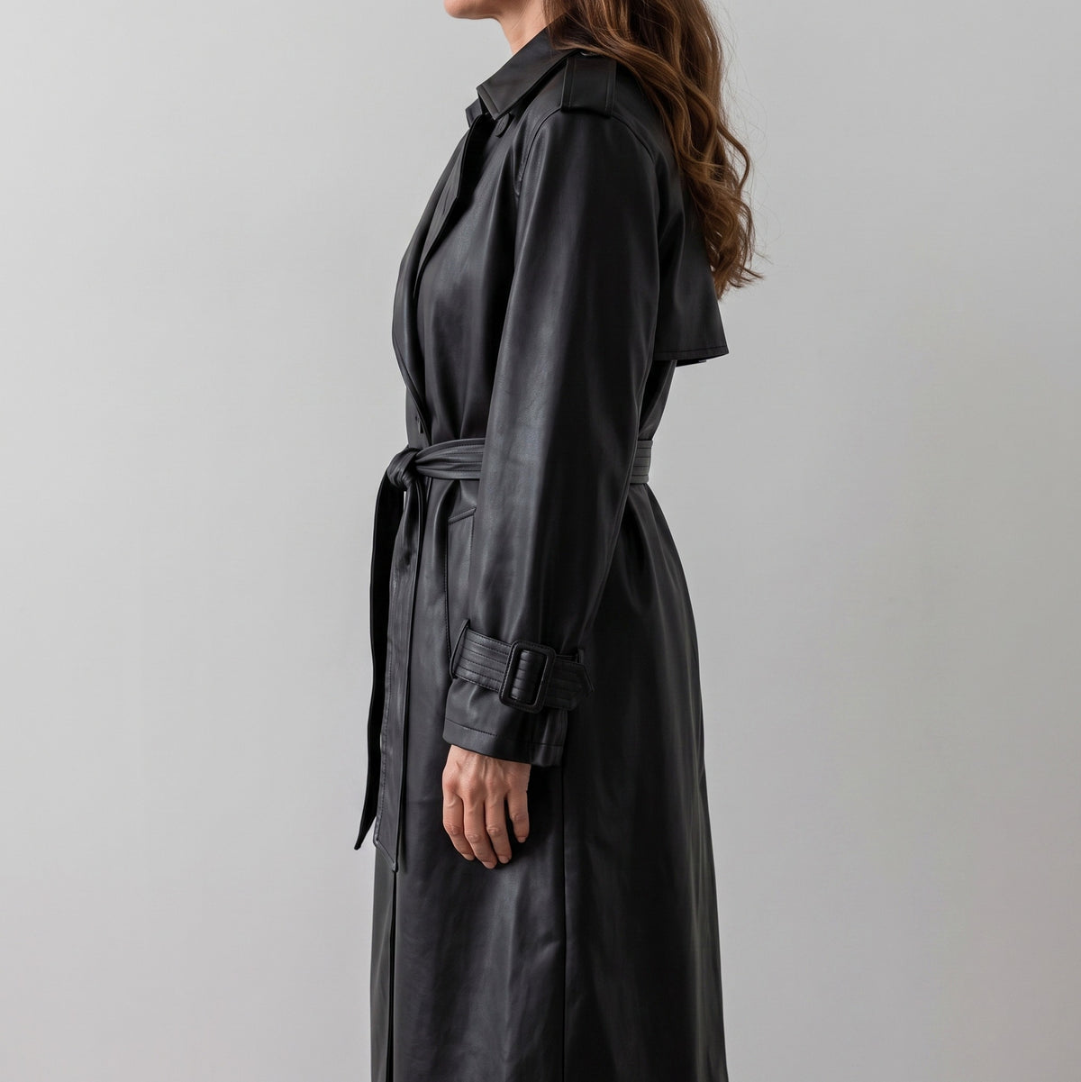 Faux Leather Belted Trench Coat