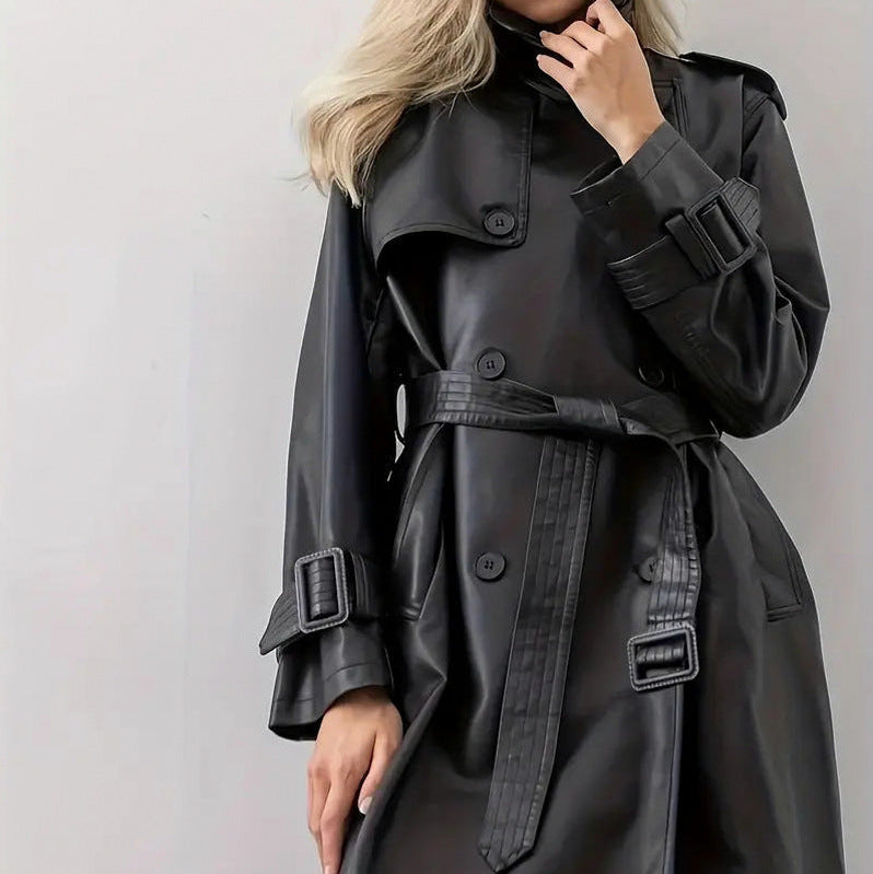Faux Leather Belted Trench Coat