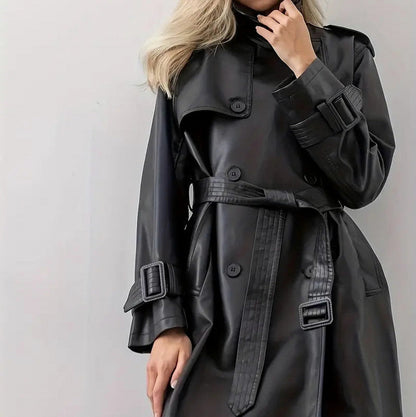 Faux Leather Belted Trench Coat