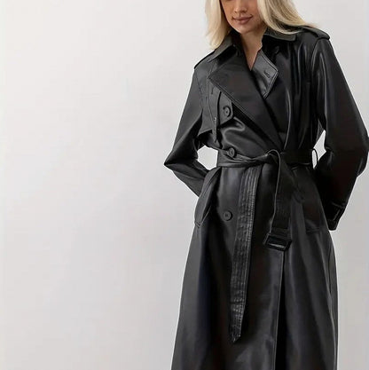 Faux Leather Belted Trench Coat