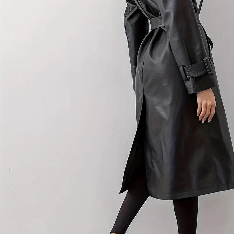 Faux Leather Belted Trench Coat