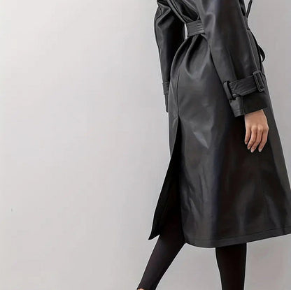Faux Leather Belted Trench Coat