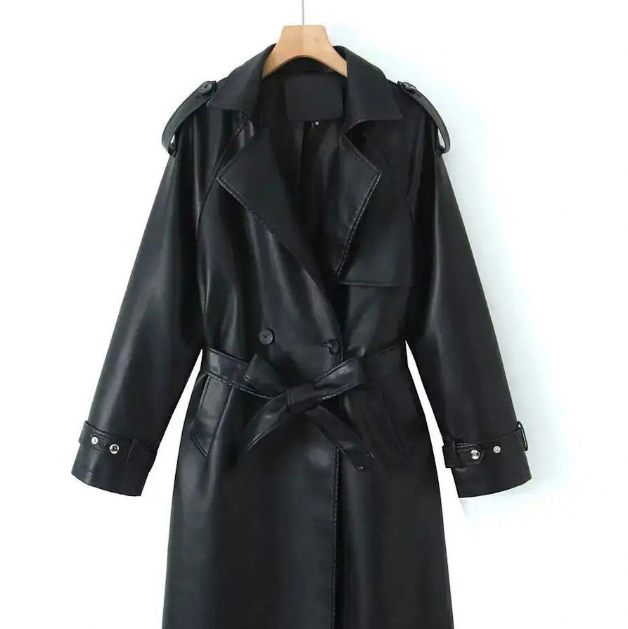 Faux Leather Belted Trench Coat