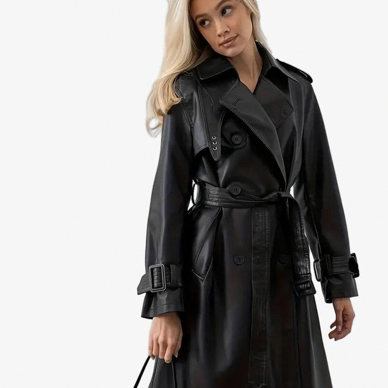 Faux Leather Belted Trench Coat