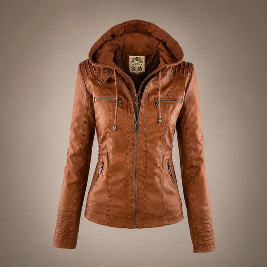 Faux Leather Hooded Moto Biker Jacket