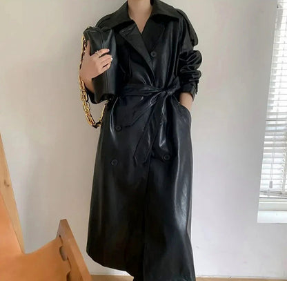 Faux Leather Long Sleeve Trench Coat