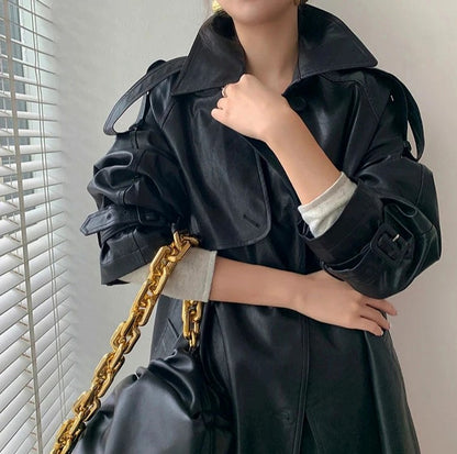 Faux Leather Long Sleeve Trench Coat