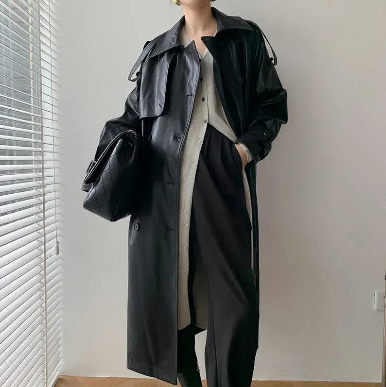 Faux Leather Long Sleeve Trench Coat