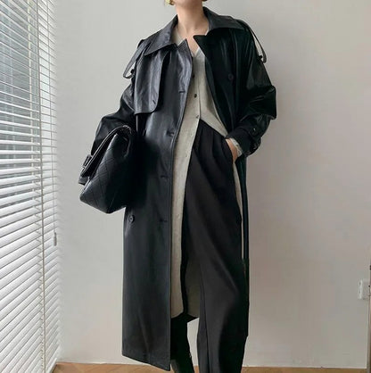Faux Leather Long Sleeve Trench Coat