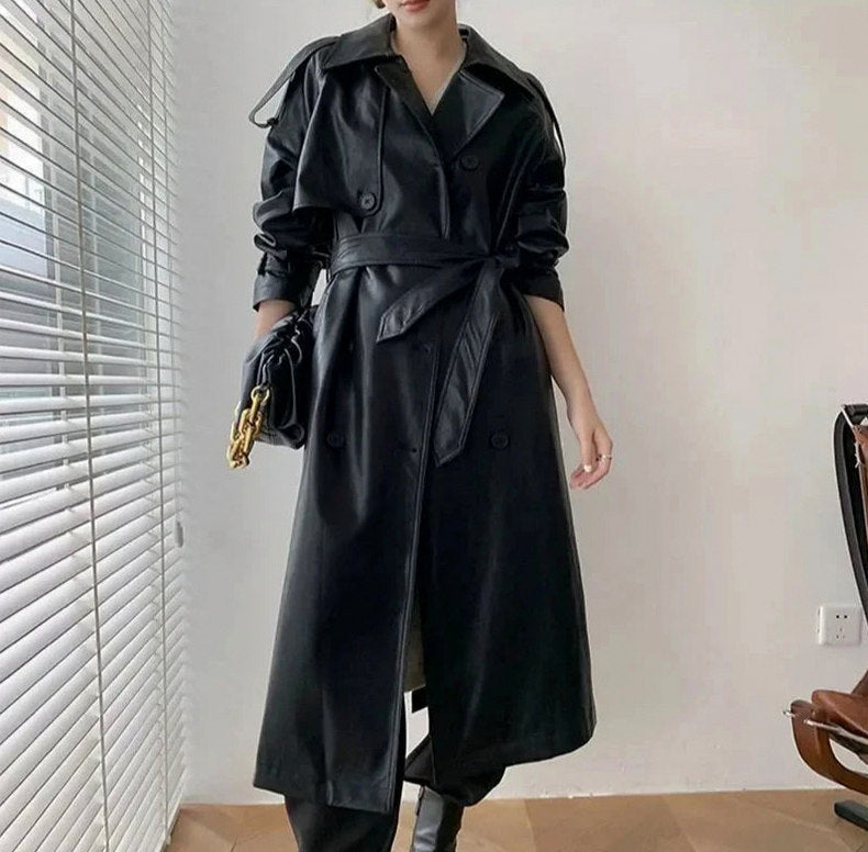 Faux Leather Long Sleeve Trench Coat