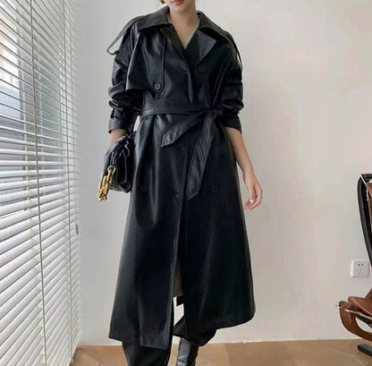 Faux Leather Long Sleeve Trench Coat