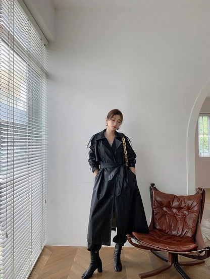 Faux Leather Long Sleeve Trench Coat