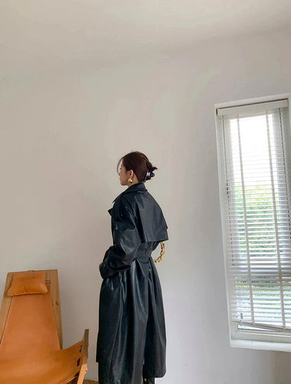 Faux Leather Long Sleeve Trench Coat