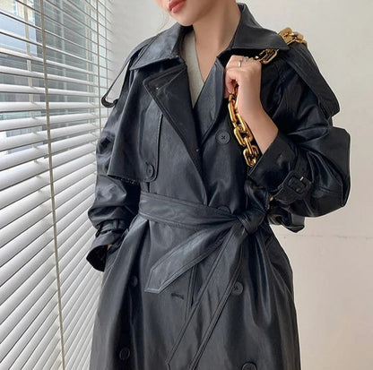 Faux Leather Long Sleeve Trench Coat
