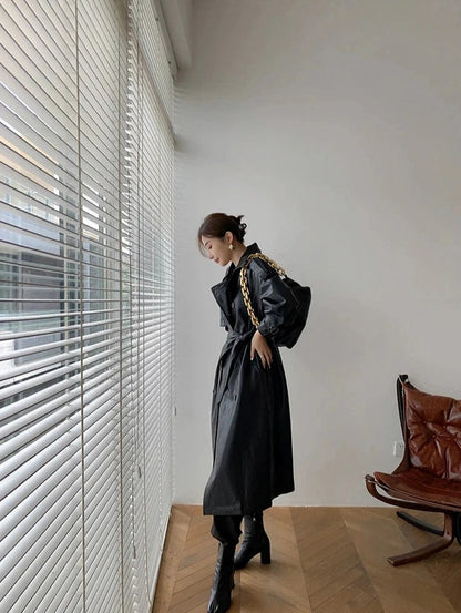 Faux Leather Long Sleeve Trench Coat