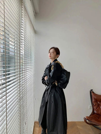 Faux Leather Long Sleeve Trench Coat