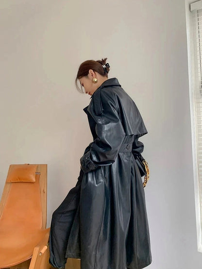 Faux Leather Long Sleeve Trench Coat