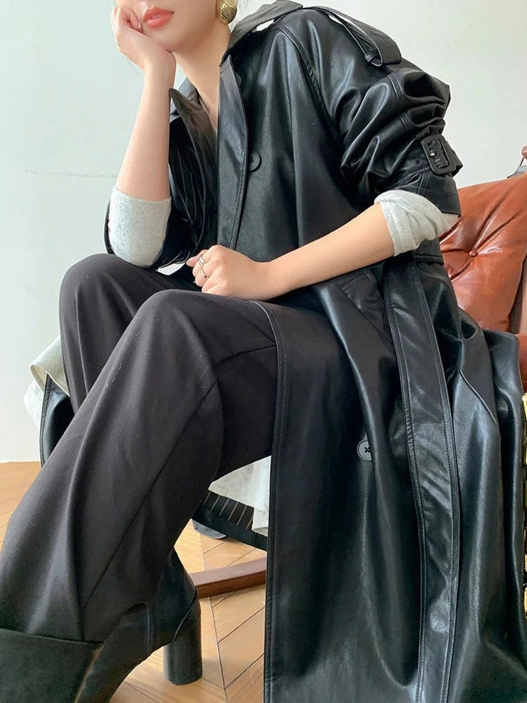 Faux Leather Long Sleeve Trench Coat