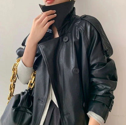 Faux Leather Long Sleeve Trench Coat