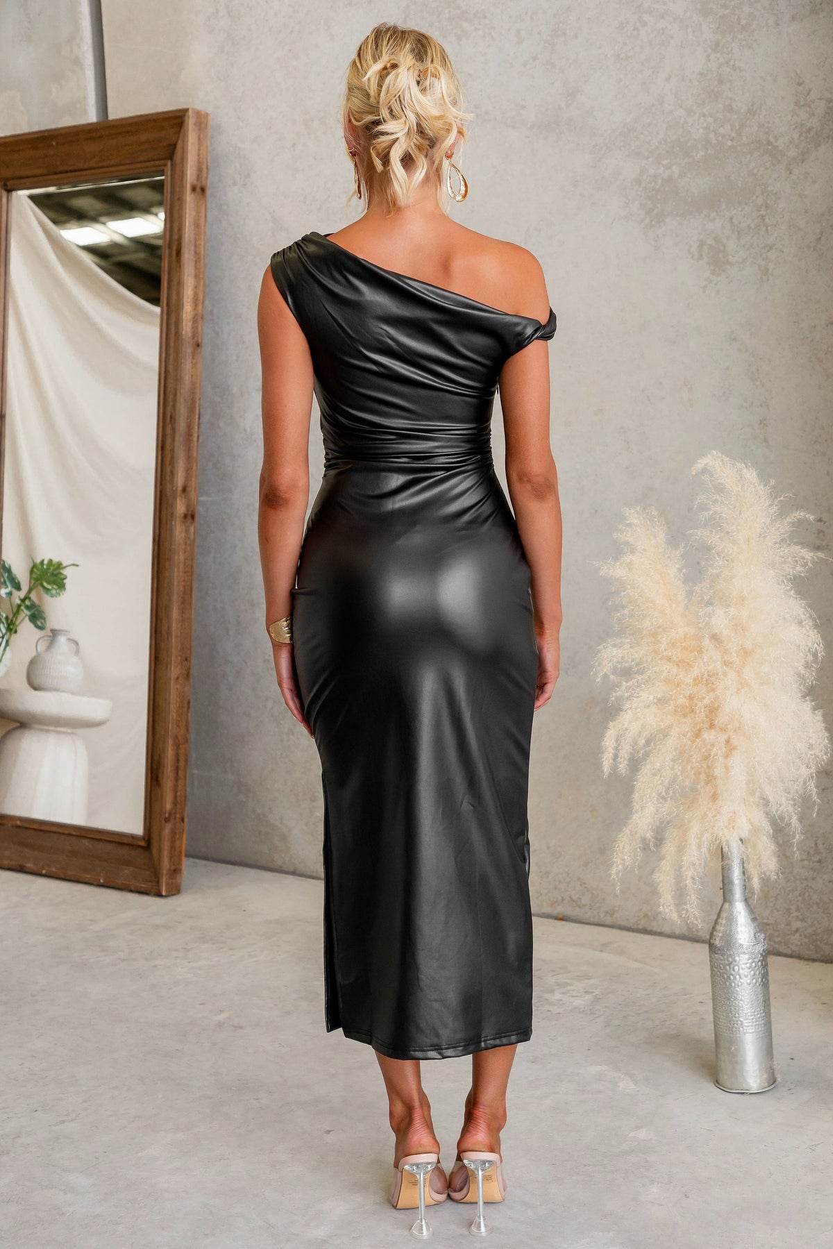Faux Leather One Shoulder Midi Dress