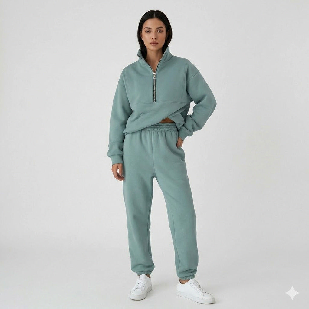 Fleece Half Zip Sweatshirt Two Piece Set