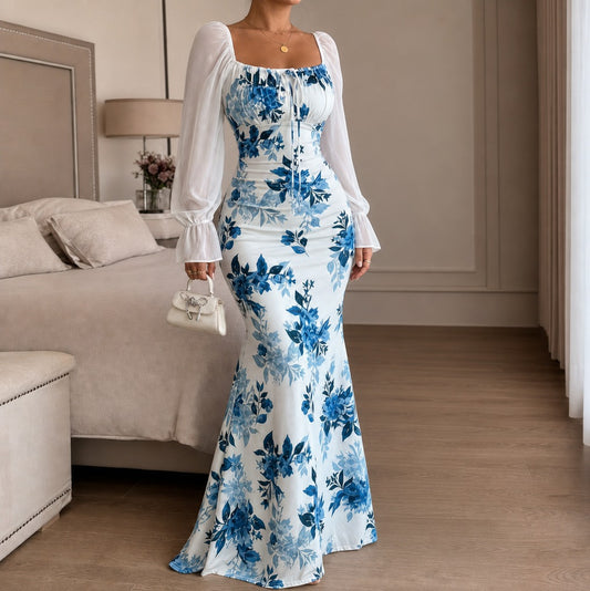 Floral Square Neck Long Sleeve Maxi Dress