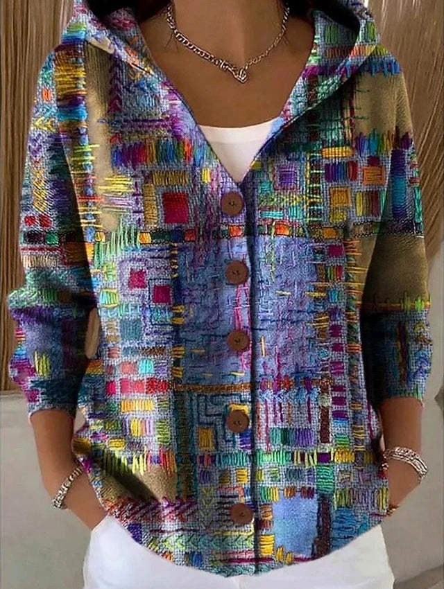 Geometric Long Sleeve Hooded Cardigan