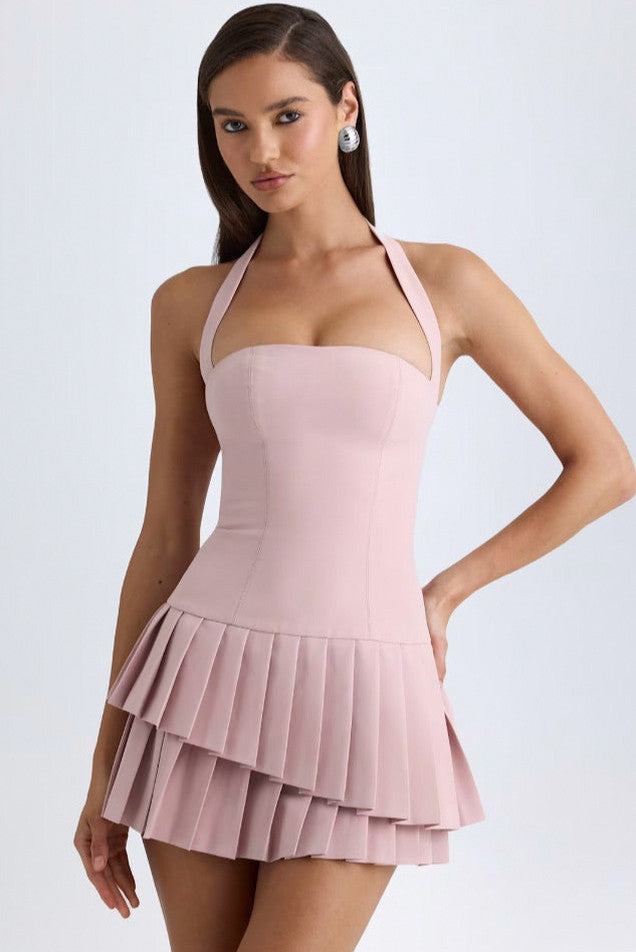 Halter Pleated Tiered Mini Dress