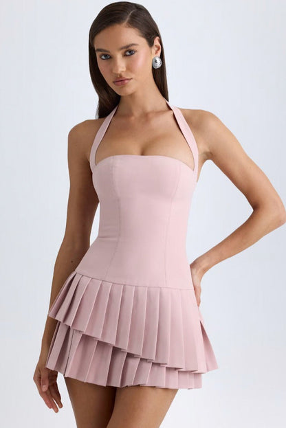 Halter Pleated Tiered Mini Dress