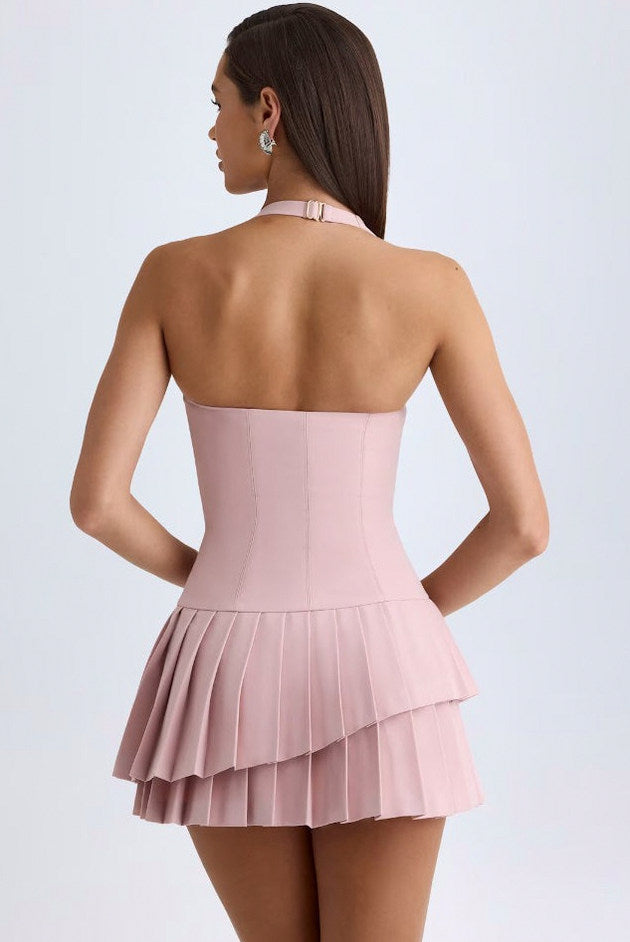 Halter Pleated Tiered Mini Dress