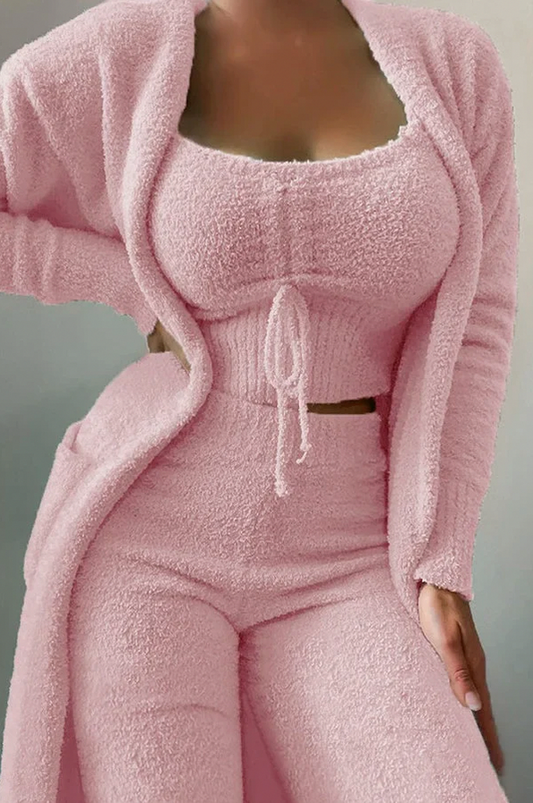 Knit Cardigan Crop Top and Pants Three Piece Set