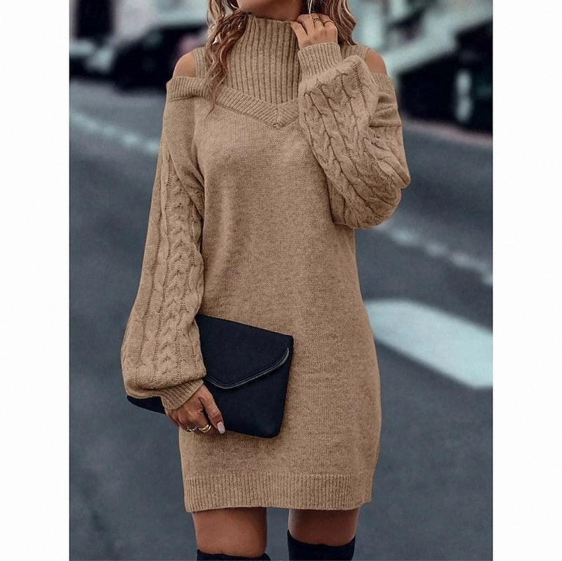 Knit Long Sleeve Cold Shoulder Mini Sweater Dress