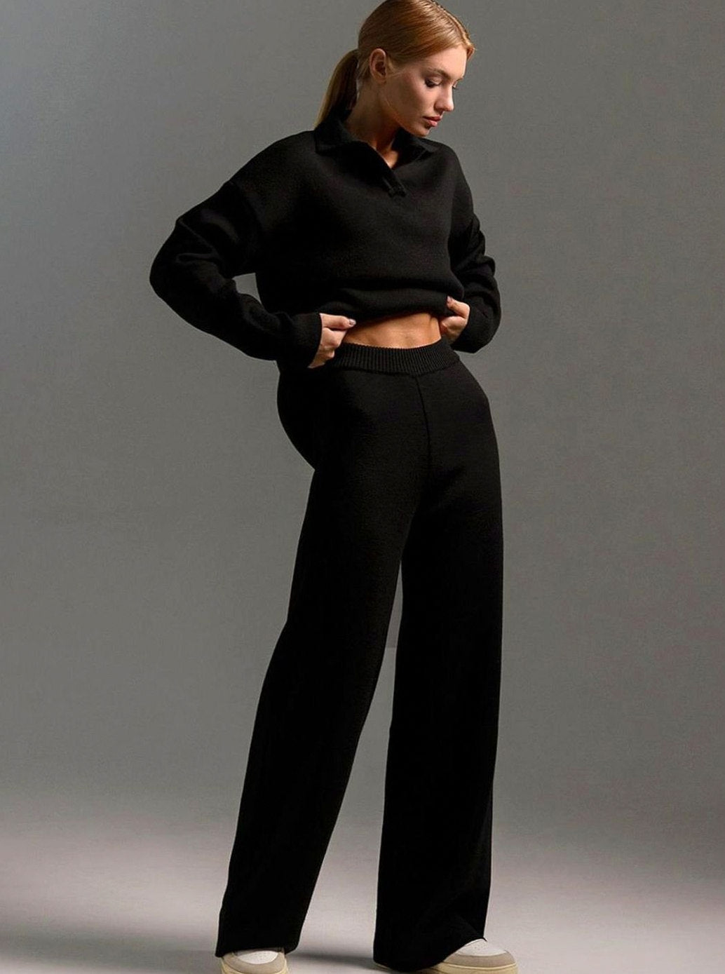 Knit Collared Wide Leg Set