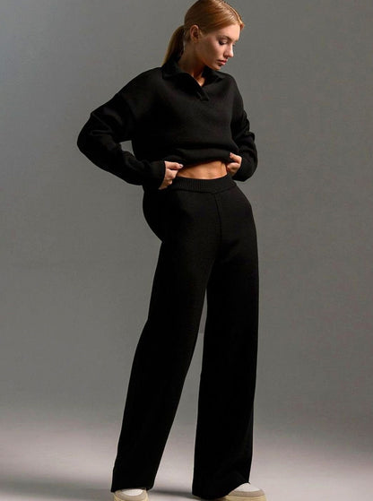 Knit Collared Wide Leg Set