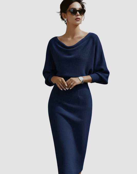 Knit Long Sleeve Cowl Neck Midi Dress