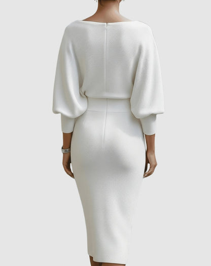 Knit Long Sleeve Cowl Neck Midi Dress