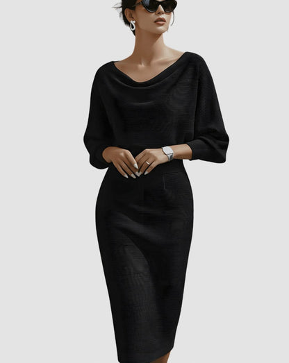 Knit Long Sleeve Cowl Neck Midi Dress