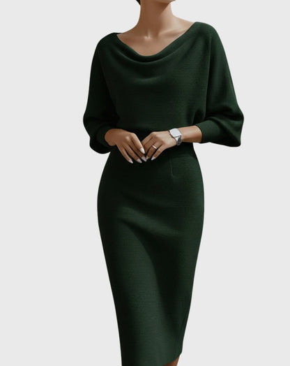 Knit Long Sleeve Cowl Neck Midi Dress