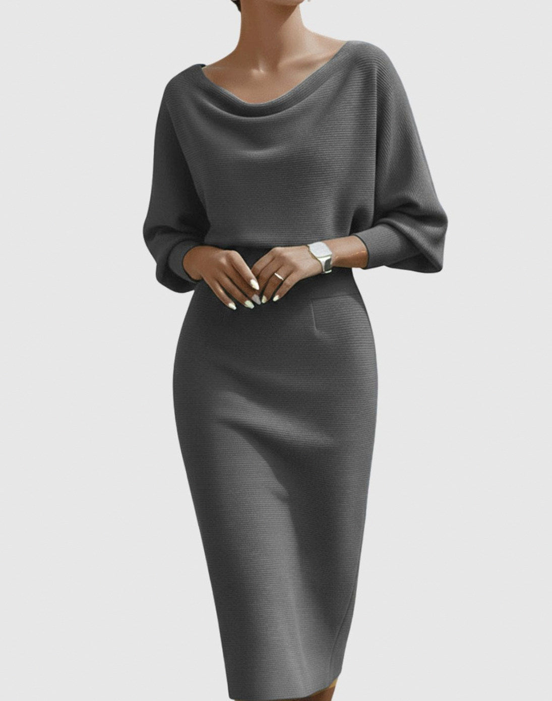 Knit Long Sleeve Cowl Neck Midi Dress
