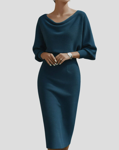 Knit Long Sleeve Cowl Neck Midi Dress