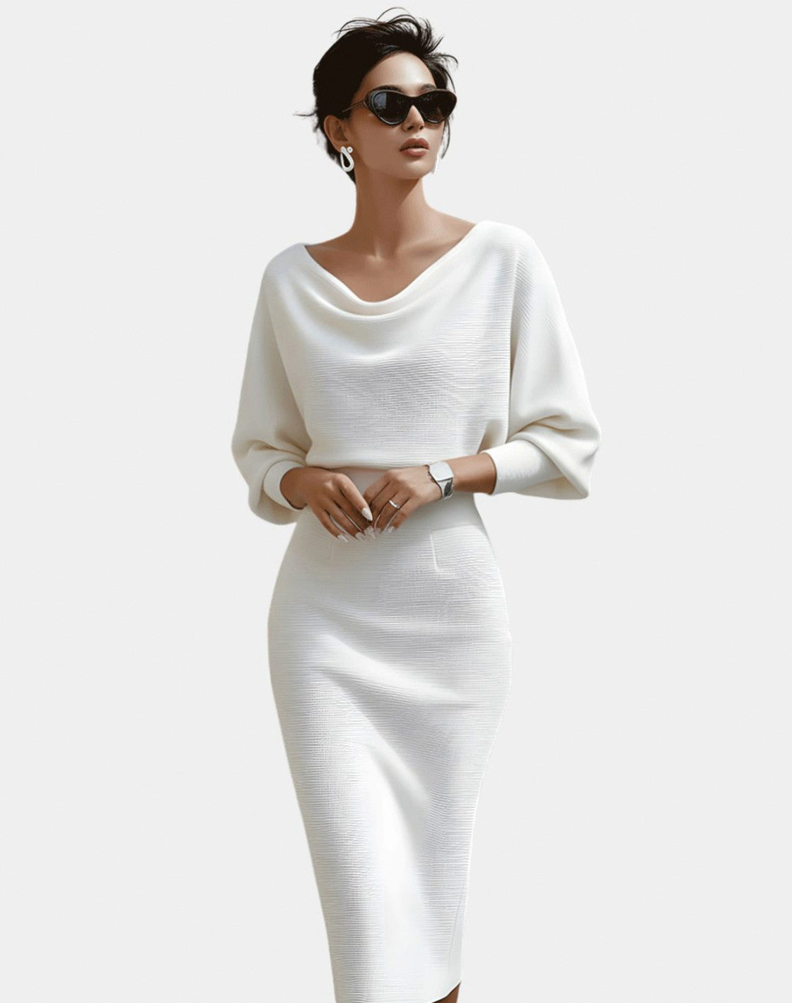 Knit Long Sleeve Cowl Neck Midi Dress