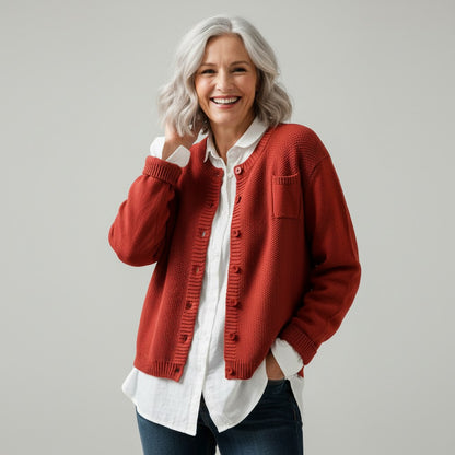 Knit Crewneck Button Front Cardigan