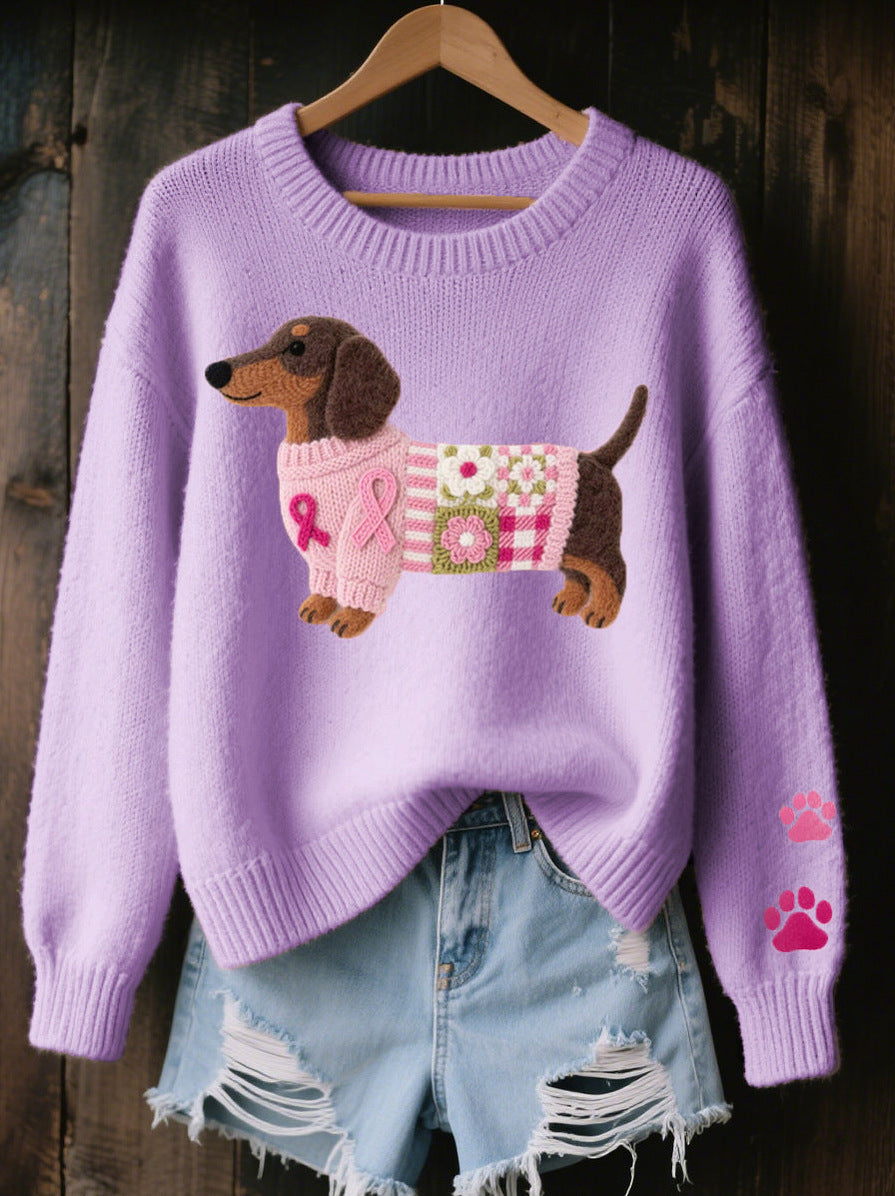 Knit Dachshund Crewneck Long Sleeve Sweater