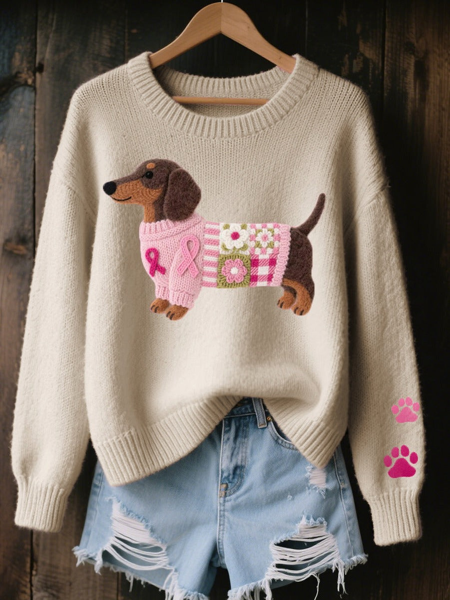 Knit Dachshund Crewneck Long Sleeve Sweater