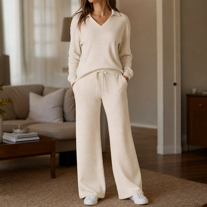 Knit Long Sleeve Wide Leg Matching Set