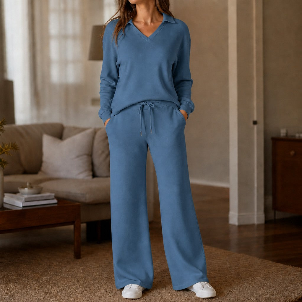 Knit Long Sleeve Wide Leg Matching Set