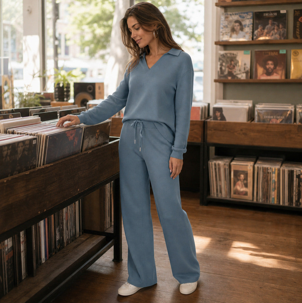 Knit Long Sleeve Wide Leg Matching Set
