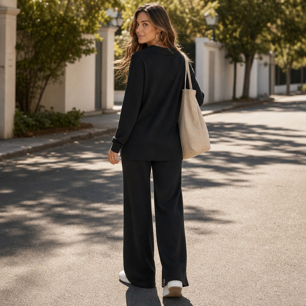 Knit Long Sleeve Wide Leg Matching Set