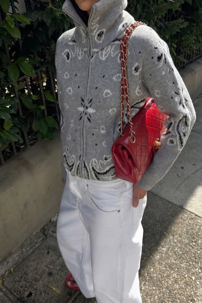 Knit Paisley Zip Up Cardigan Sweater