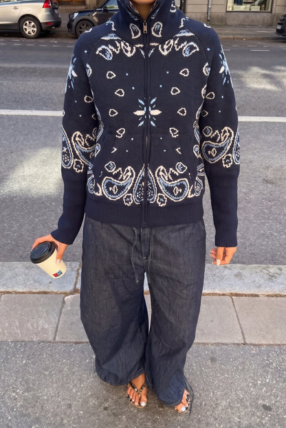 Knit Paisley Zip Up Cardigan Sweater